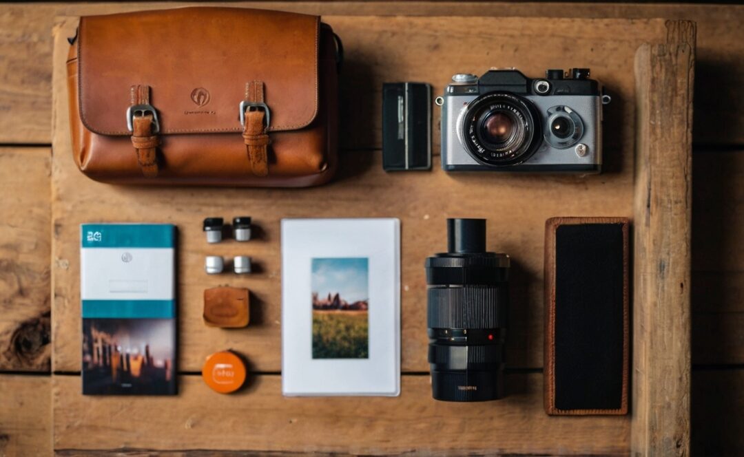 Array of essential travel items including a suitcase, passport, travel-sized toiletries, a power bank, and a map.